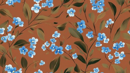 Seamless floral pattern featuring forget me not flowers and leaves on a brown background