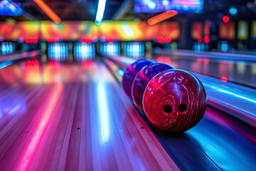 Vibrant neon-lit bowling balls on a polished lane at a modern bowling alley, bowling ball at the front of a pins with many other bowling balls	