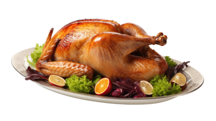 Roast Turkey Christmas. Holiday Christmas background with festive decoration. isolated on clear png background and transparent background, AI generative.	