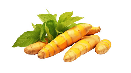 Fresh raw organic turmeric on white isolated on clear png background and transparent background. Vegetable and food concept for health, AI generative.
