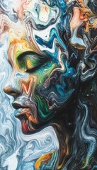 Naklejka premium Surreal portrait with a human figure blending into abstract, swirling colors