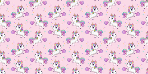 Seamless pattern of cute unicorns with a ball. The background is a magical pony with a golden horn.
