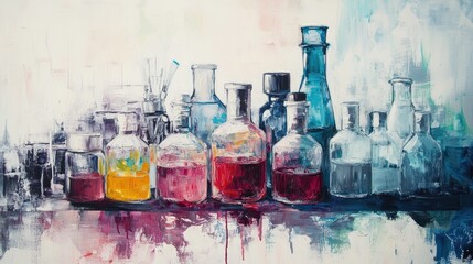 Abstract oil painting depicting a cosmetic laboratory focused on chemical research and natural cosmetics