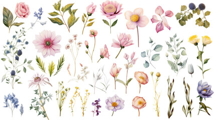 Set of watercolor wildflowers painting isolated on clear png background and transparent background. Fresh and nature concept for nature decorative and flower element, AI generative.