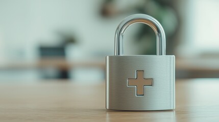 Fototapeta premium Silver padlock with a medical cross symbol on a wooden table, symbolizing security in healthcare.