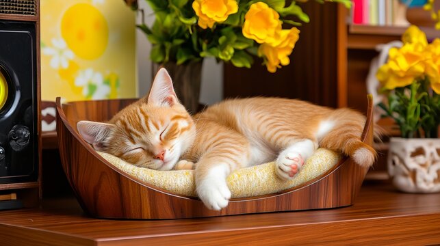 A small orange and white cat sleeping in a wooden bowl on a table