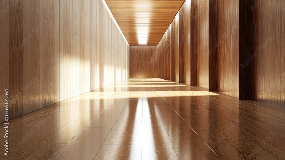 Poster 3d rendering of a closeup view of an empty wooden floor ceiling and doors with light reflections
