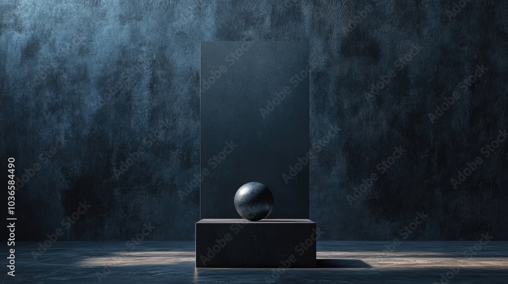 Poster abstract item displayed on a metallic square stand with a round base set against a dark background b