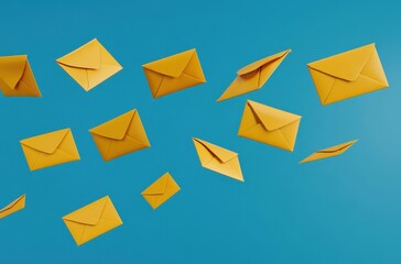 A flat lay of yellow envelopes floating against a blue background, symbolizing the transfer and delivery process for email marketing. 