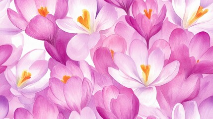 Fototapeta premium Seamless pattern of pink crocuses hand painted watercolor illustration