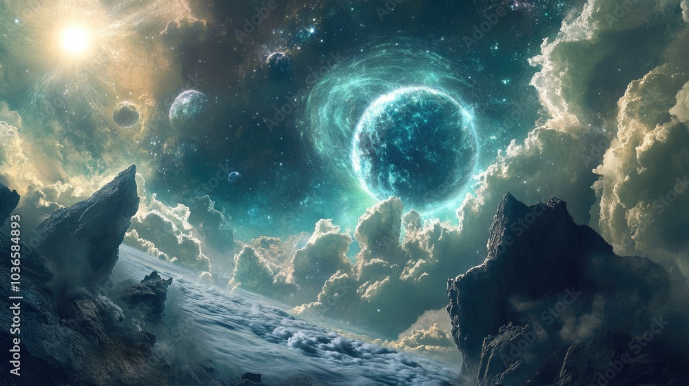 Wall mural concepts exploring the origin and nature of the universe depicted through an illustration