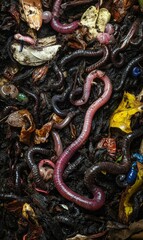 Obraz premium Worms and leaves in dark soil.