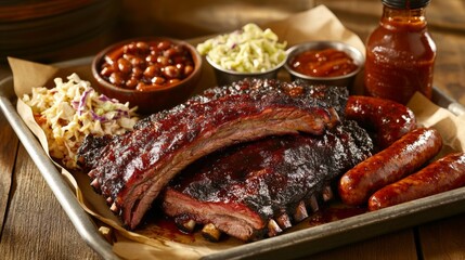 A hearty BBQ platter with ribs, sausage, and brisket