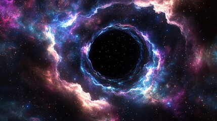 3D cartoon depiction of a black hole surrounded by colorful stars and cloud fields with materials falling into it Abstract space wallpaper featuring a nebula