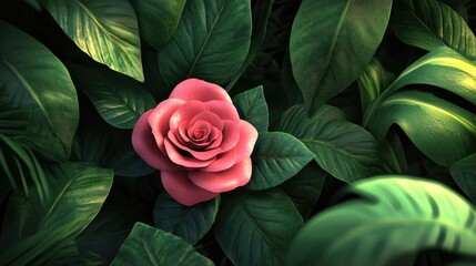 Exotic tropical rose surrounded by lush green leaves A whimsical organic backdrop created through digital fractal artistry 3D rendered imagery