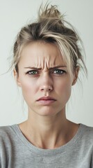 Naklejka premium Portrait of a Young Woman with a Serious Expression and Messy Bun Hairstyle