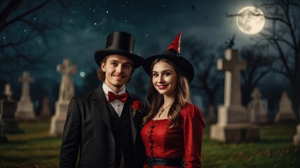 Obraz premium A couple dressed in Halloween costumes stand in front of a cemetery at night, with a full moon in the background.