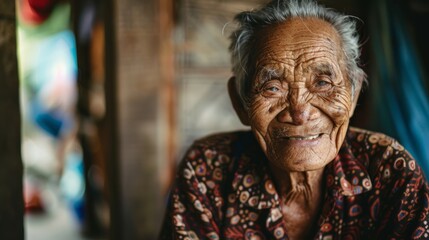 Fototapeta premium Portrait of a smiling elder sharing wisdom and stories from their cultural background, preserving heritage for future generations.
