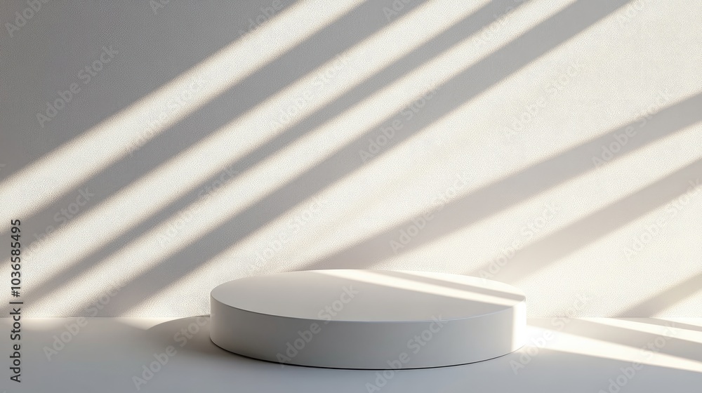 Poster elegant abstract white podium illuminated by sunlight casting shadows with a striped perspective on 