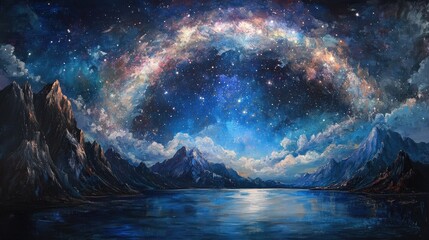 Fototapeta premium Oil painting featuring an arched Milky Way above stunning mountains and a serene blue sea at night showcasing a vibrant starry sky moonlight and captivating constellations