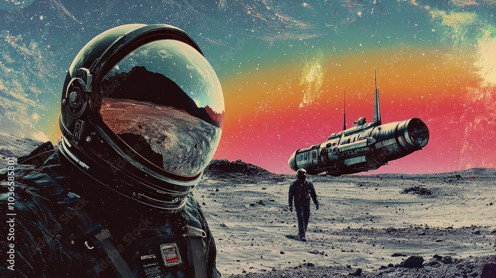 Poster an astronaut in a spacesuit stands on a desolate planet with a spaceship in the background.