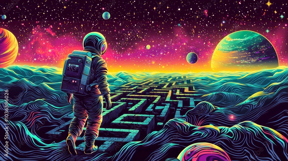 Poster an astronaut in a spacesuit walks towards a large maze in a colorful, futuristic landscape with plan