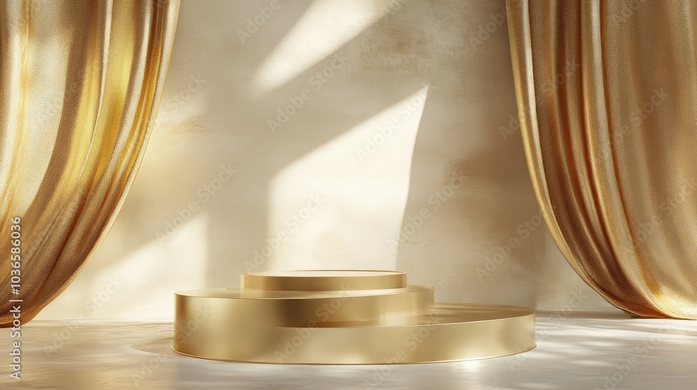 Aufkleber gold product display podium on a luxurious advertising background with empty backdrops 3d rendering