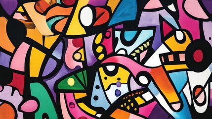 Line art illustration featuring an abstract painting with a chaotic arrangement of vibrant multicolored shapes and figures divided by black lines