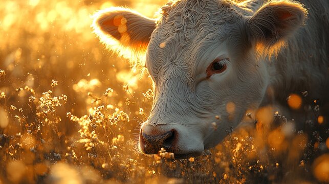 Close-Up of Cow Grazing in Warm Sunlight