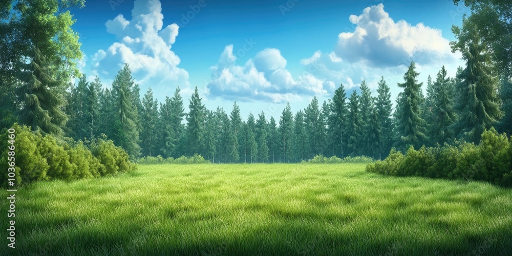 Poster meadow of grass with trees visible in the background during summer, summer grassland with trees in t