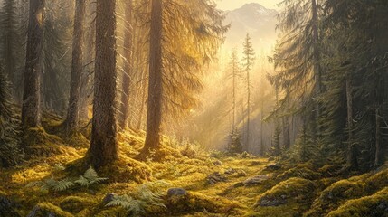 Fototapeta premium Oil painting depicting sunlight filtering through a light spruce forest with moss and ferns covering the soil set against a backdrop of mountains