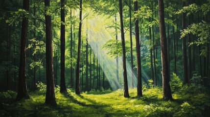 Obraz premium Oil painting depicting vibrant green trees within a wilderness area showcasing an ecosystem that emphasizes sustainability and a healthy environment