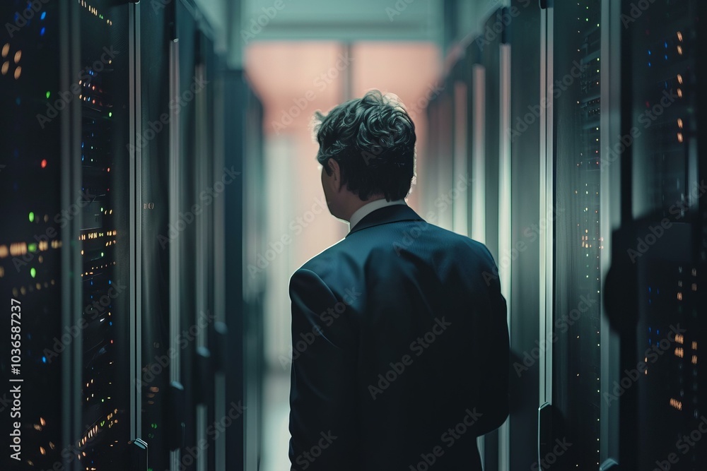 Poster businessman walking through a modern data center with server racks and led lights in a high-tech env