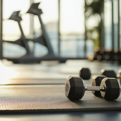 Dumbbell on yoga mat in modern gym with cardio machines.