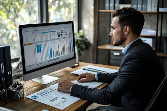 Businessman analyzing financial data on a computer screen and paperwork