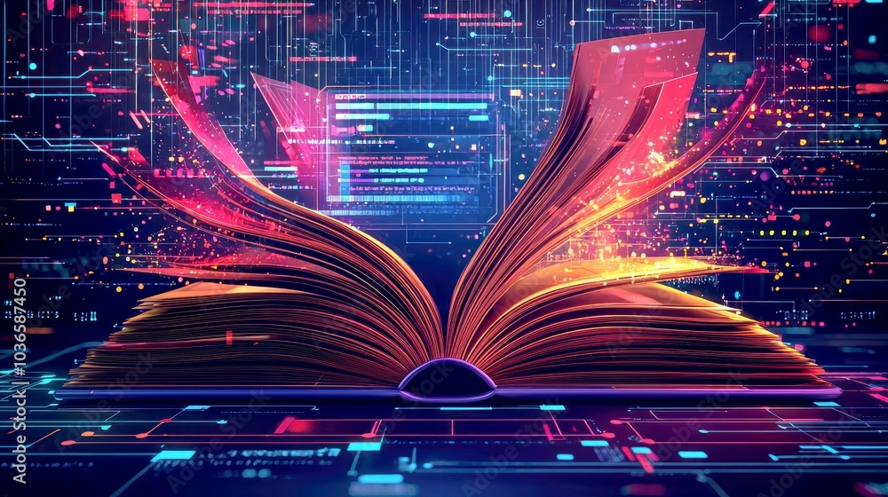 Poster an open book with glowing pages against a digital background, symbolizing knowledge and technology.