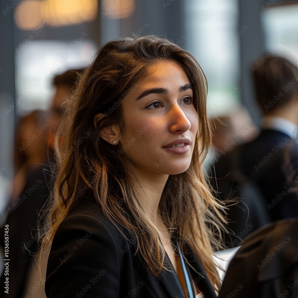 Poster young professional woman in business attire at networking event with blurred background of attendees