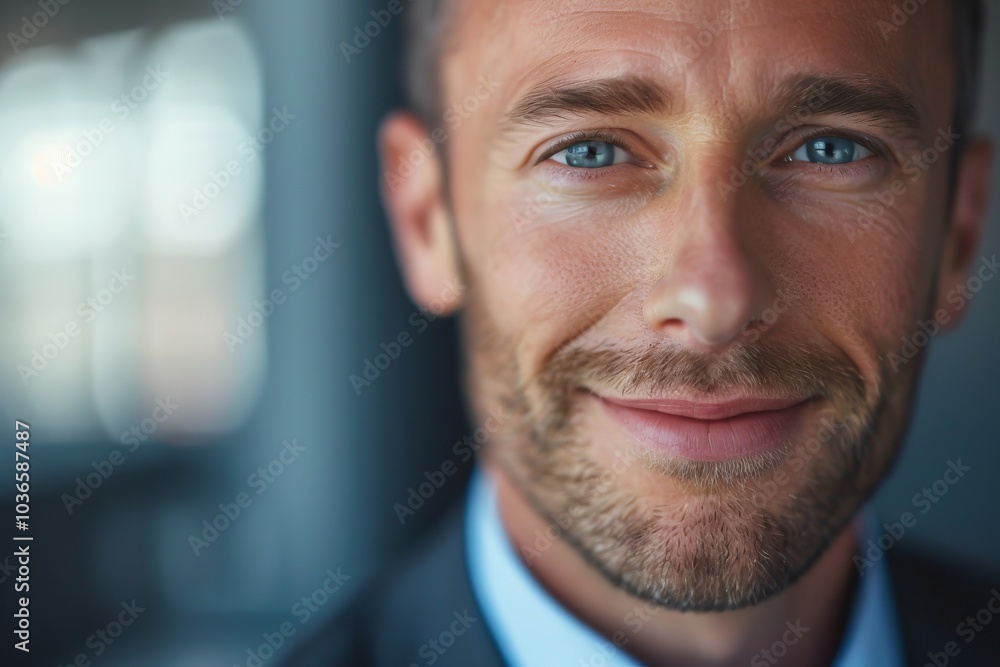 Poster a close-up of a businessman looking directly into the camera with a reassuring smile.