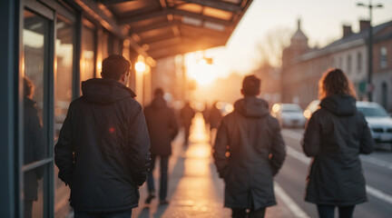People walk along the sidewalk in the morning light, past a public transport stop, creating the atmosphere of city life