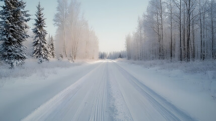 A snow covered road with trees in the background. The road is empty and quiet