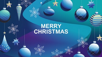 Blue and Yellow Christmas Ornaments and Snowflakes on a Gradient Background