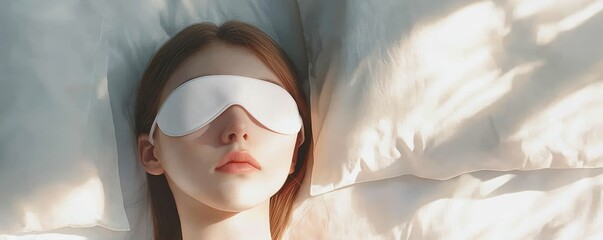 A serene nap scene where a woman lies comfortably in bed, with her eye mask ensuring deep sleep.