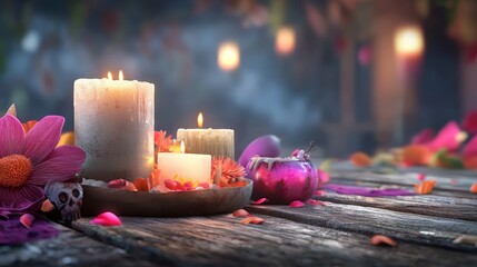 A serene setting where candles illuminate a vibrant Dia de los Muertos ofrenda, filled with offerings and flowers.