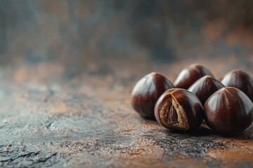 Obraz premium Close-up view of freshly arranged chestnuts on textured surface with natural lighting