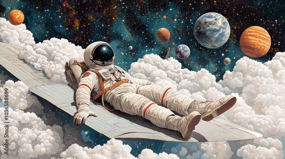 Poster astronaut relaxing on a plane wing in space with planets in the background.