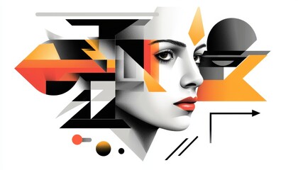 A striking design featuring graphic shapes, bold arrows, and a fragmented face, conveying a sense of movement and energy.