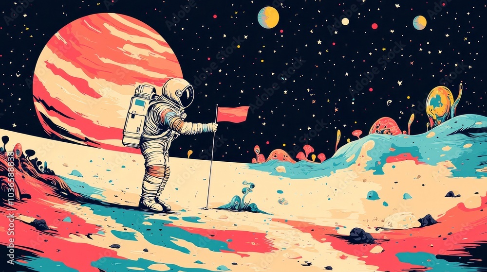 Poster astronaut standing on a planet surface holding a red flag with planets and stars in the background.