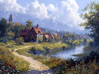 Obraz premium Picturesque Village by a River with Mountain Views