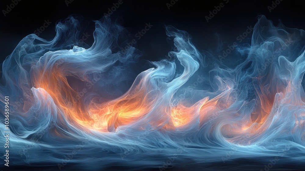 Poster abstract representation of dynamic flames and smoke intertwining in a dark atmosphere, creating a ca