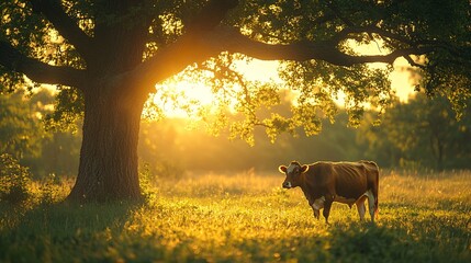 Naklejka premium Tranquil Cow Grazing Under a Large Tree at Sunset
